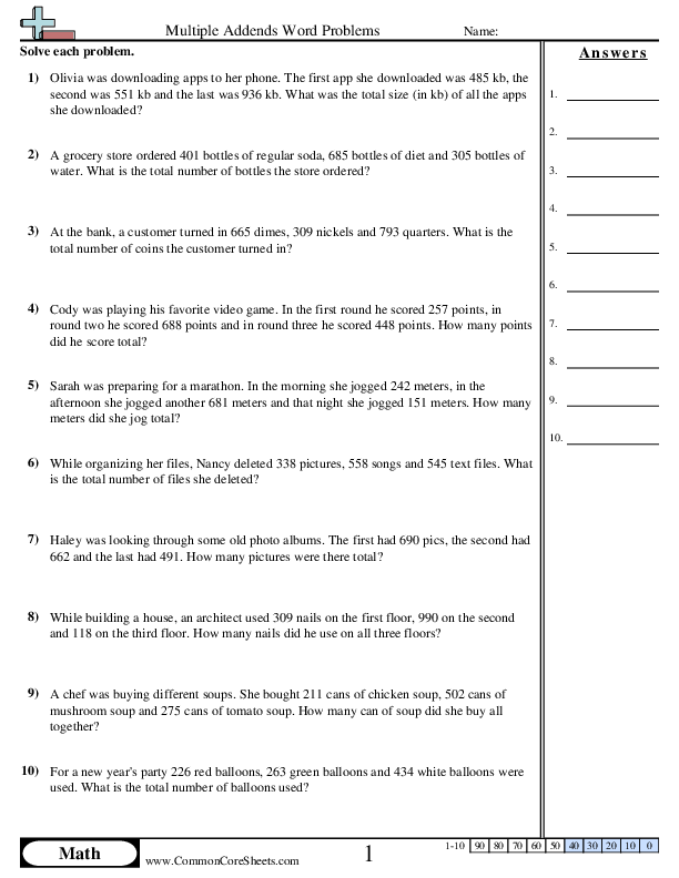 3.nbt.2 Worksheets - Multiple Addends (3 Digits) Word worksheet